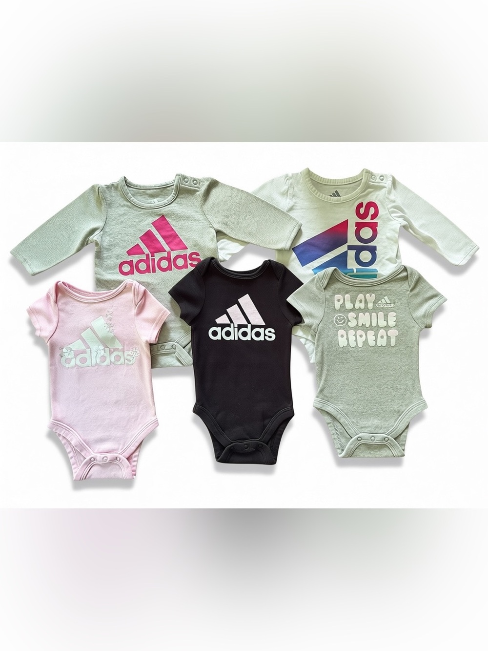 adidas Multi-Pack Baby Bodysuits in Black, Pink & Green 3 months